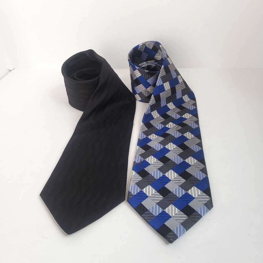 Geoffrey Beene Blue Geometric 100% Silk Tie/George Black Silk Tie Set of 2 EUC
